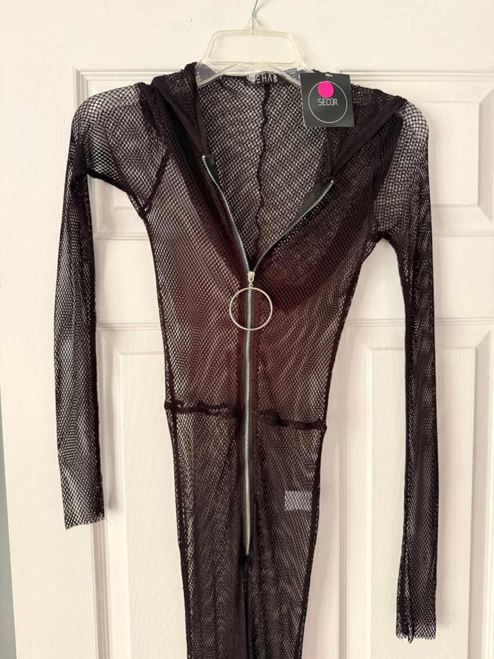NWT Rehab Sheer Mesh Fishnet Zip Hooded Jumpsuit Black S Rave Goth